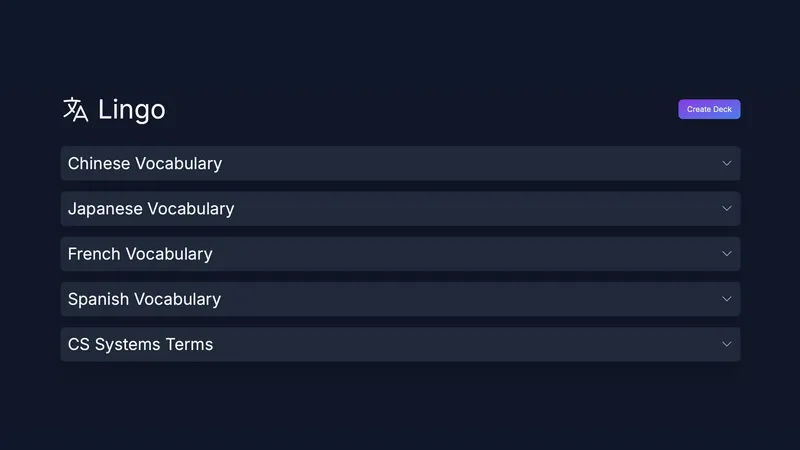 Lingo vocabulary decks dashboard showing language categories and create deck button